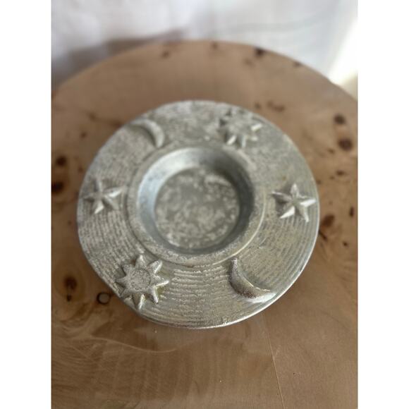 Vintage Silver Tone Celestial Candle Holder 7” Stars & Moon Round Plate - Picture 1 of 2